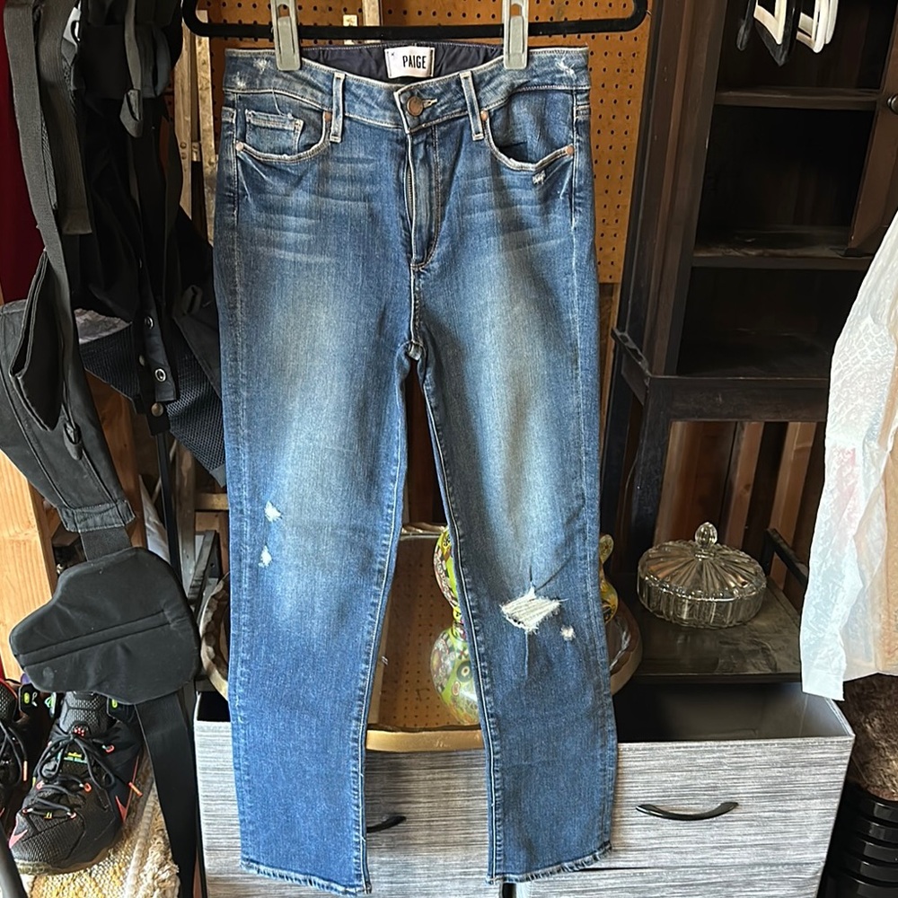 PAIGE Blue Distressed Ankle Cropped Jeans